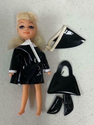 Vintage Uneeda Tiny Teens 5 " Doll In Black Vinyl Raincoat Outfit