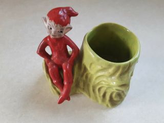 Vintage Red Elf Pixie Sitting By Lime Green Stump Planter Vase