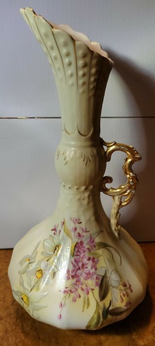 Antique Robert Hanke Rh Ewer Pitcher Vase Hand Painted Floral Gold Austria