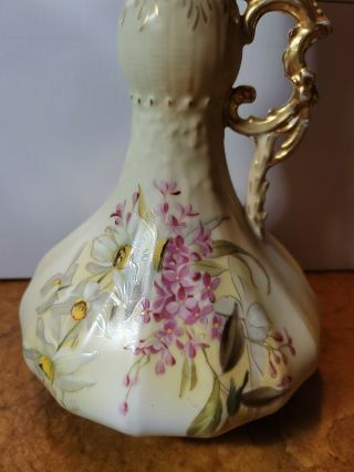 Antique Robert Hanke RH Ewer Pitcher Vase Hand Painted Floral Gold Austria 3