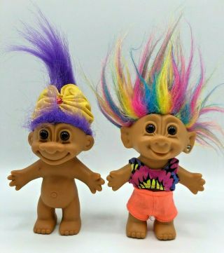 2 Vintage 5 " Russ Troll Dolls Rainbow Hair Stuffed Swimsuit Purple Hair Nude