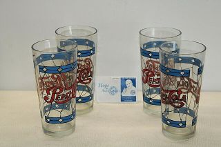 Vintage Set Of 4 Pepsi - Cola Tiffany Style Raised Stained Glass Tumblers