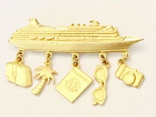 Vintage Jj Jonette Jewelry Satin Gold Ship Pin Dangling Charms