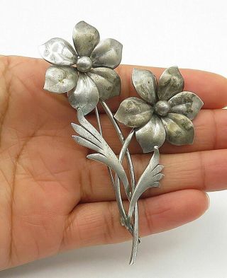 Hsb 925 Sterling Silver - Vintage Sculpted Blooming Flowers Brooch Pin - Bp4289
