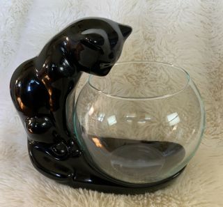 Vintage Royal Haeger Black Cat Pottery With Fish Bowl 8”