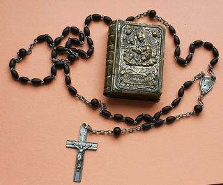 Antique - Vintage Box With A Black Rosary - Our Lady