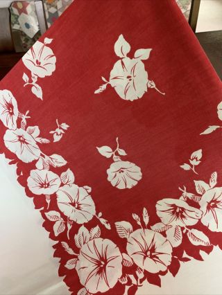Vintage Cotton Morning Glories Tablecloth Red And White 48”x49”