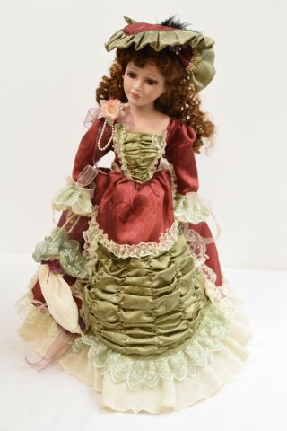 Porcelain Doll W/ Auburn Hair & Brown Eyes In Victorian Dress: Rust & Green 19 "