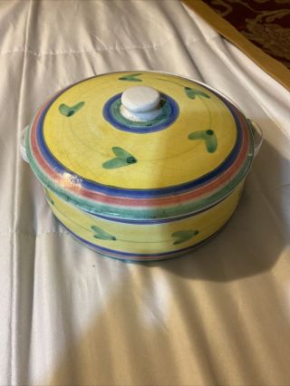Caleca Carousel Hand Painted Italy Yellow Quart Covered Casserole With Lid