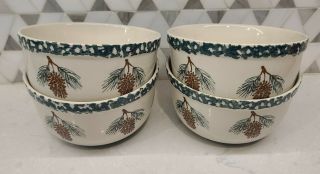 Tienshan Folk Craft Green Pine Cone Soup Cereal Bowls Set Of 4 Sponge Ware
