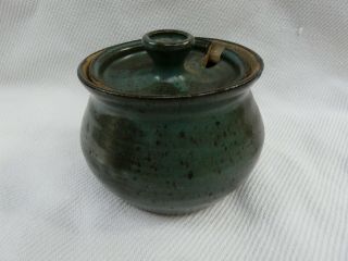 Vintage North Carolina Pottery Seagrove Nc Blue Green Glaze Sugar Bowl/lid