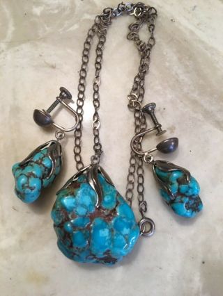 Vintage Sterling Silver Spider Web Turquoise Pendant & Screw On Earrings