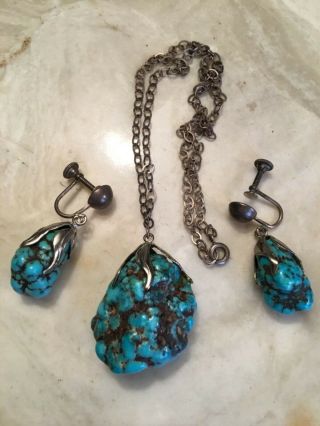 Vintage sterling silver spider web turquoise pendant & screw on earrings 2