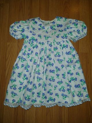 Vtg Polly Flinders 3t White W/blue Floral Dress Bow Lace Usa