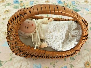 Poured Wax Baby Doll Painted Features Jointed Arms Legs Head 6 " W Wicker Basket