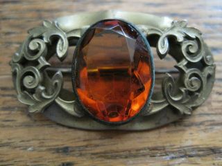 Art Nouveau Ornate Faceted Oval Crystal Glass Center Brass Antique Pin 1 3/4 "