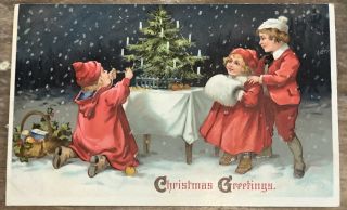 Vintage Christmas Postcard Children Lighting Candles On Tree Red Coat