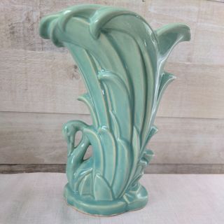 Vtg Mccoy Pottery Swan Vase Aqua/green W/ Pink Drip 9.  25 " - Collectible