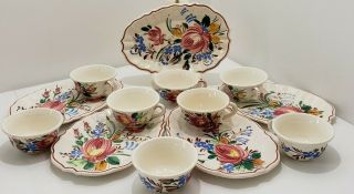 Vintage Made In Italy Hand Painted Snack Plates With Cups Set Of 5 & Extra Cups