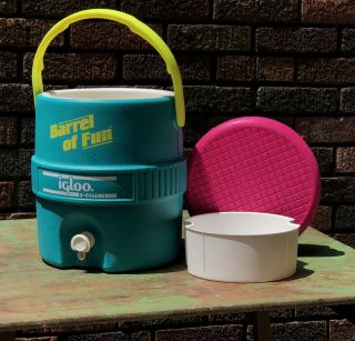 Vintage Barrel Of Fun Igloo Water Cooler 2 Gallon With Tray Insert Teal