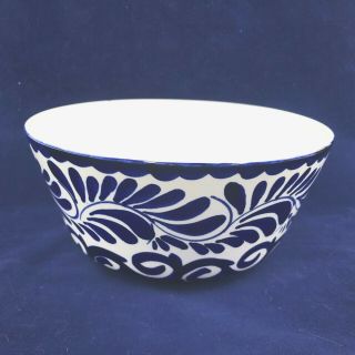 Vintage Anfora 8 " Serving Bowl Puebla Blue Hand Painted Mexico Folk Art Pottery