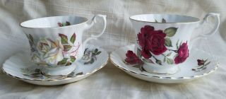 Two Vintage Royal Albert Teacup And Saucers White & Red Roses