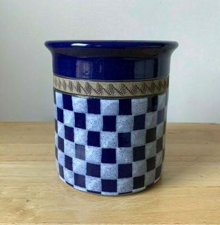 Robert Pangburn Verona Ny 6.  5 " Blue Checkered Stoneware Utensil Crock - Euc