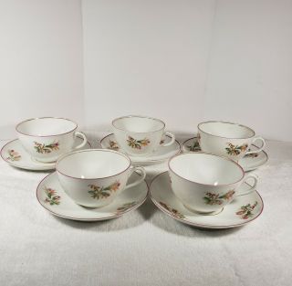 Vintage Set Of 5 Moss Rose Haviland Tea Cups And Saucers