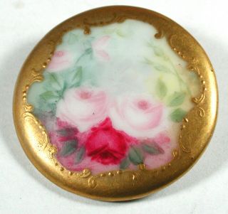 Antique Porcelain Button Pretty Hand Painted Flowers With Gold Border 1 & 1/2 "