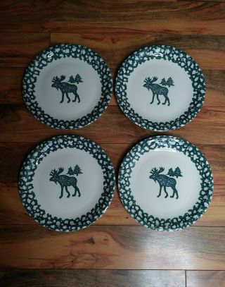 Tienshan Folk Craft Set Of 4 Moose Country Dinner Plates 10.  5 " Green Spongeware