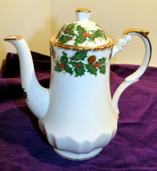 Vintage Rosina Fine Bone China England Yuletide Teapot Coffee Pot Holly Berry Pi