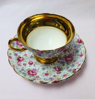 Elegant Vintage Rosina England Pink Roses Heavy Gold Footed Tea Cup & Saucer