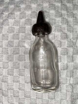 Vintage Toy Baby Doll Glass Bottle W/ Raised Measurements Rubber Nipple 2 Mark
