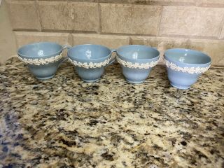 4 Wedgwood Of Etruria Barlaston Embossed Blue & White Tea Cups Only