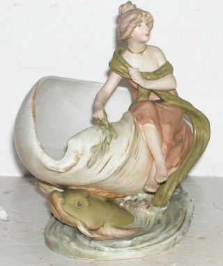 Antique Royal Dux Bohemia E Art Nouveau Lady Seashell Dolphins Conch Centerpiece