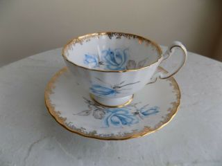 Vintage Aynsley England Tea Cup And Saucer With Blue Roses And Gold Accents