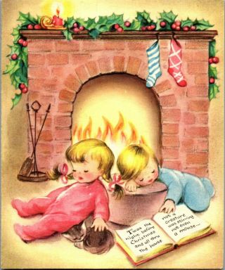 Sleepy Boy Girl Brother Sister Wait For Santa Claus Vtg Christmas Greeting Card