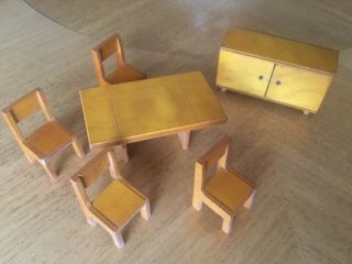 Dolls House Vintage Wooden Dining Set - Table,  Chairs And Sideboard