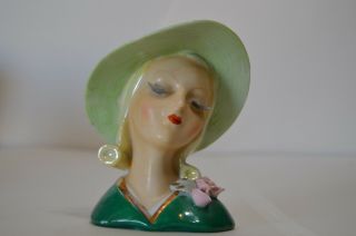 Vintage Enesco Blonde Lady Headvase Chipped Eyelash Green Hat Roses