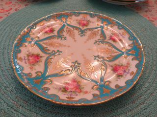 Cauldon England Hand Painted 9 " Cabinet Plate Rose Bouquets Turquoise & Gilt
