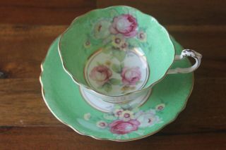 Paragon Green Cabbage Rose Pink White Gold Tea Cup Teacup Saucer