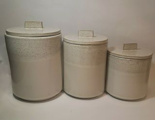 3 Crate & Barrel Mason Redware Pottery Speckled Ivory Glaze Canisters Read