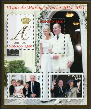 Monaco Royalty Stamps 2021 Mnh Prince Albert Ii & Charlene Royal Marriage 4v M/s