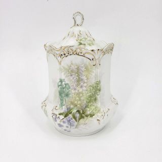 Vintage Antique Bavarian China Porcelain Biscuit Jar With Lid Germany Floral