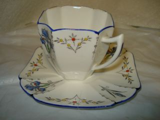Shelley Blue Iris Cup,  Saucer Blue Trim White Handle Queen Anne Shape