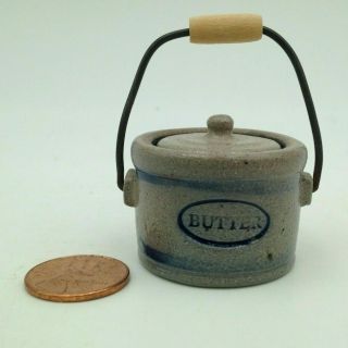 Rowe Pottery Miniature Butter Crock With Lid And Wood Handle 1993