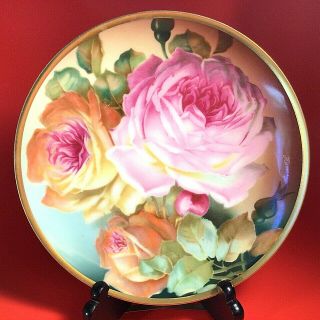 Antique Thomas Sevres Bavaria Plate Hand Painted Signed Cabbage Roses Gold Trim