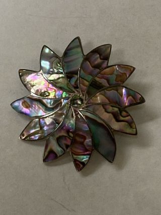 Vtg Mexican Taxco Sterling Silver 925 Abalone Shell Star Flower Brooch Pendant
