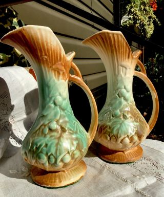 1940s - 2 Mccoy Art Pottery Ewer Pitcher Vase - Brown/celadon Green - Grapes & Leaves