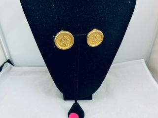 Vtg.  Gold Tone Caesar Coins Round Earrings
